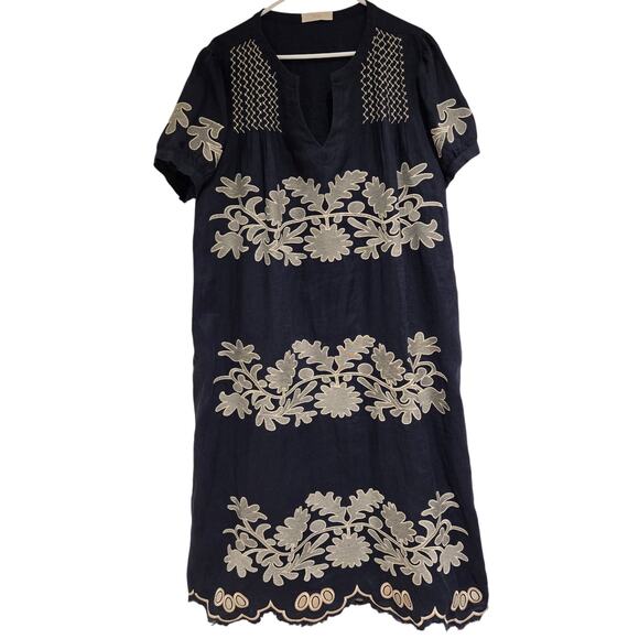 MAR Brazil Navy Blue 100% Linen Embroidered Maxi Shift Dress, Size Large - Picture 1 of 9
